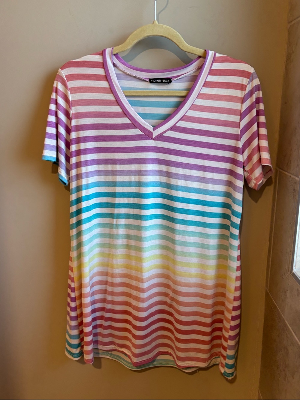 HEIMISH USA Pastel Rainbow Striped V-Neck Tee